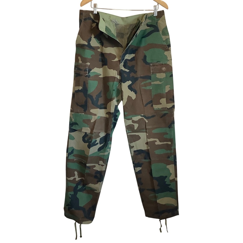 Military Woodland Camo Cargo Pants Mens Medium Long Ripstop Button Fly BDU